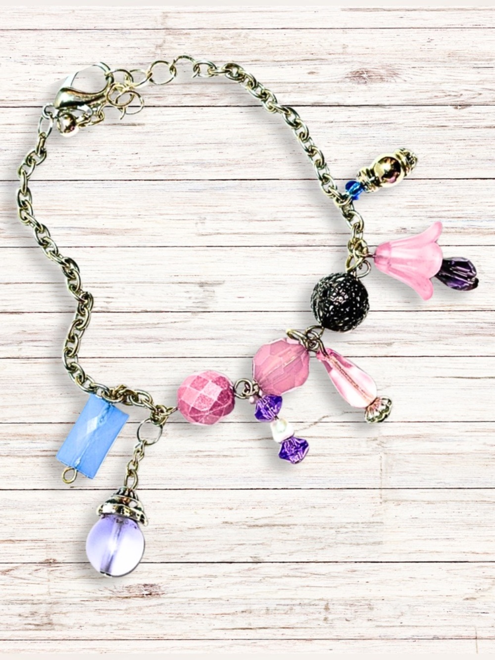 HANDCRAFTED BRACELET Silver Demure Charm Bracelet Pink Blue Purple One Of A Kind